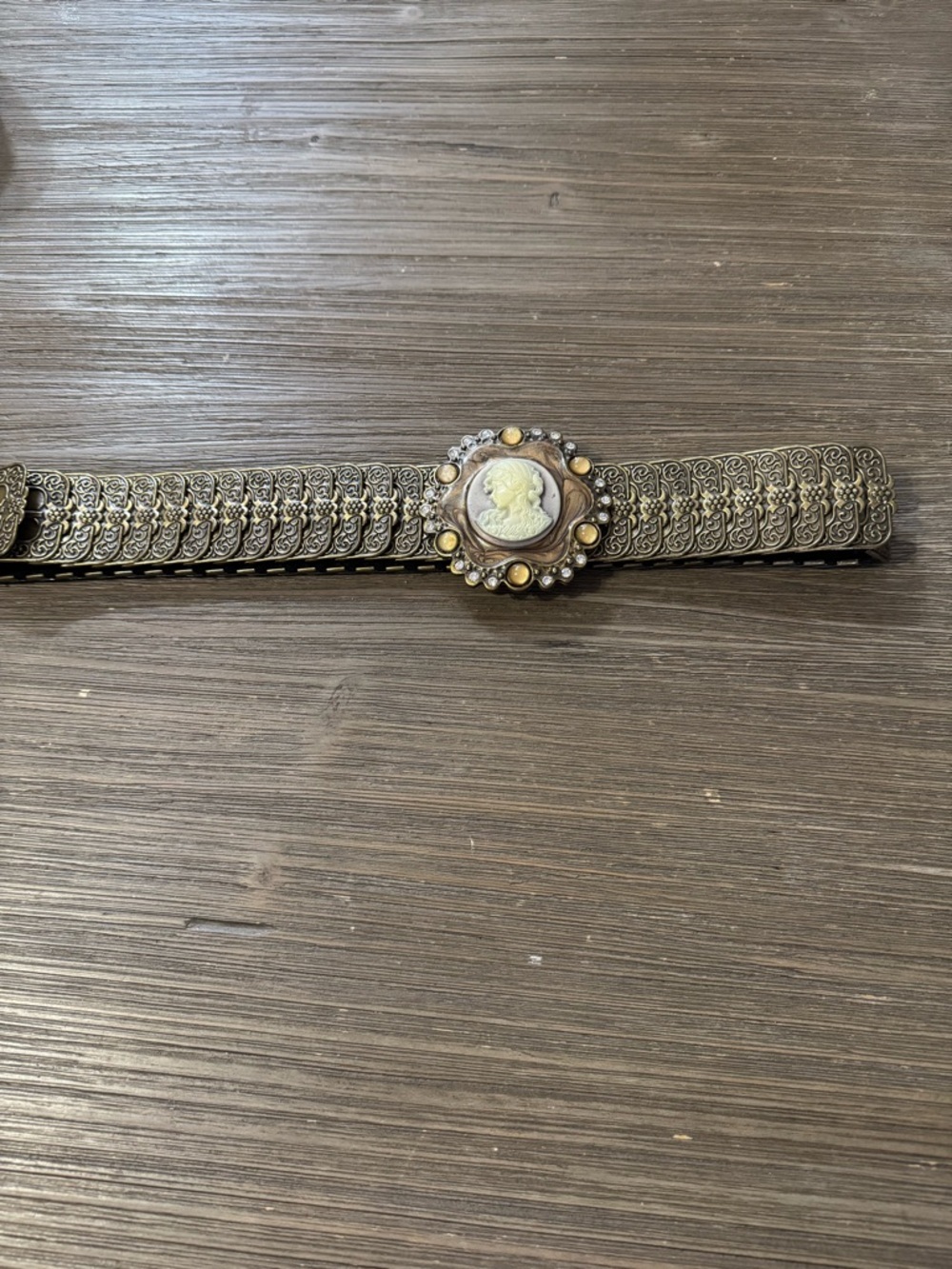 Vintage Cameo Stretch Belt in Antique Gold Tone